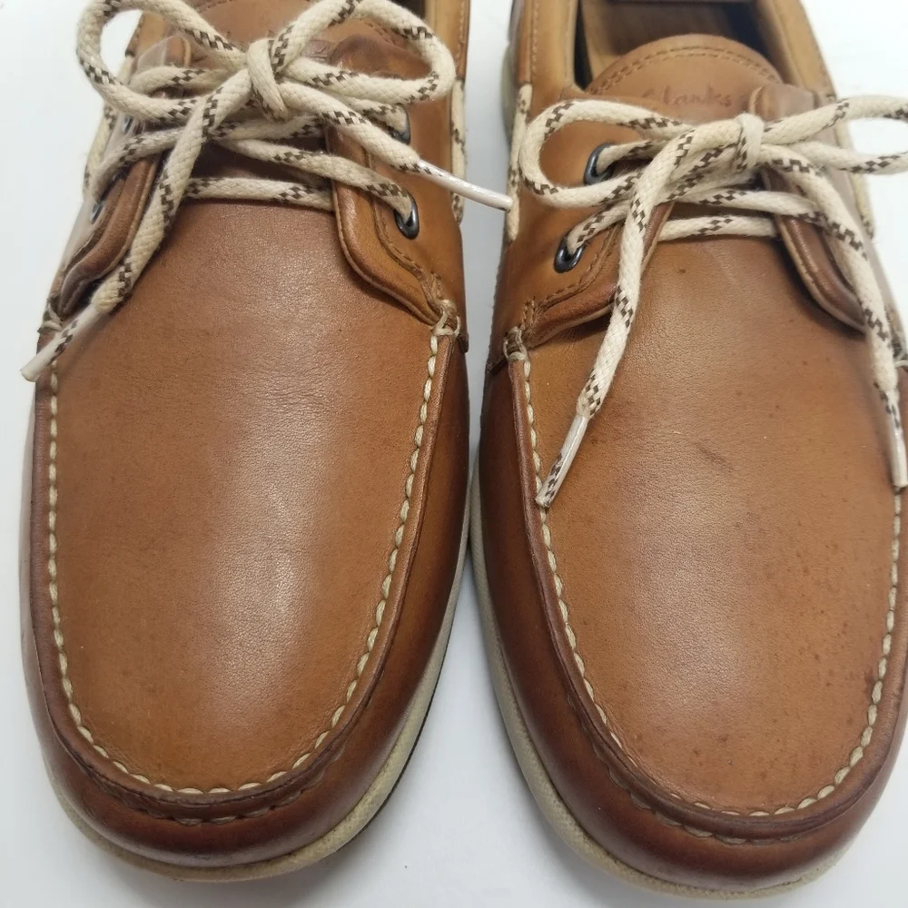 Clarks Rock Men Sz 9.5 Tan Leather Boat Dock Deck Shoe Slip On Lace Up Moccasin